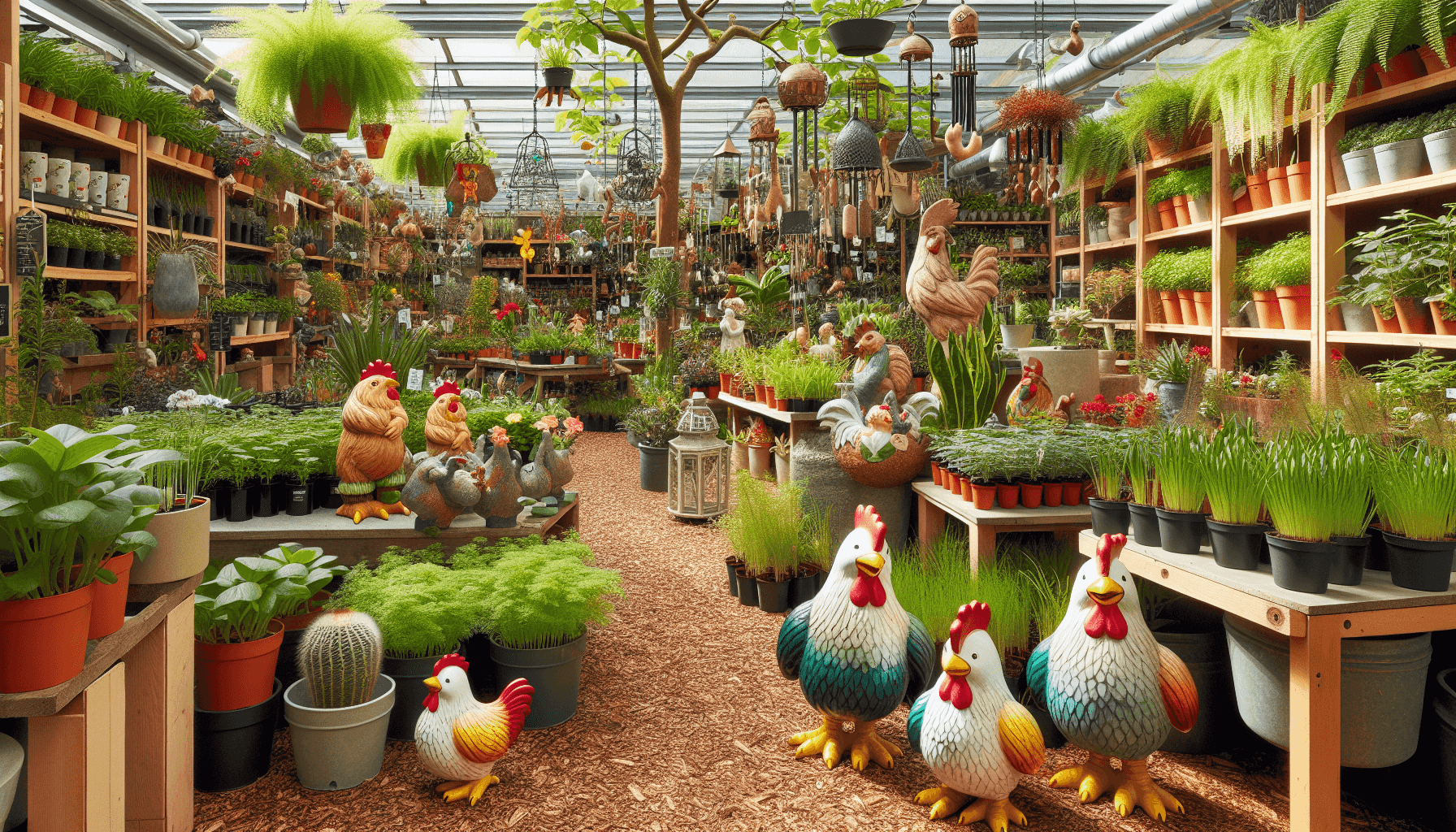 Centro giardinaggio con decorazioni a tema gallina
